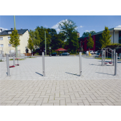 Stainless steel post | 70 x 70 mm | removable, self-engaging lockwith hot-dip galvanized ground socket part-no. 470.10approx. 400 mm below ground | with Euro profile cylinder lock and three keys | with 1 eyelet